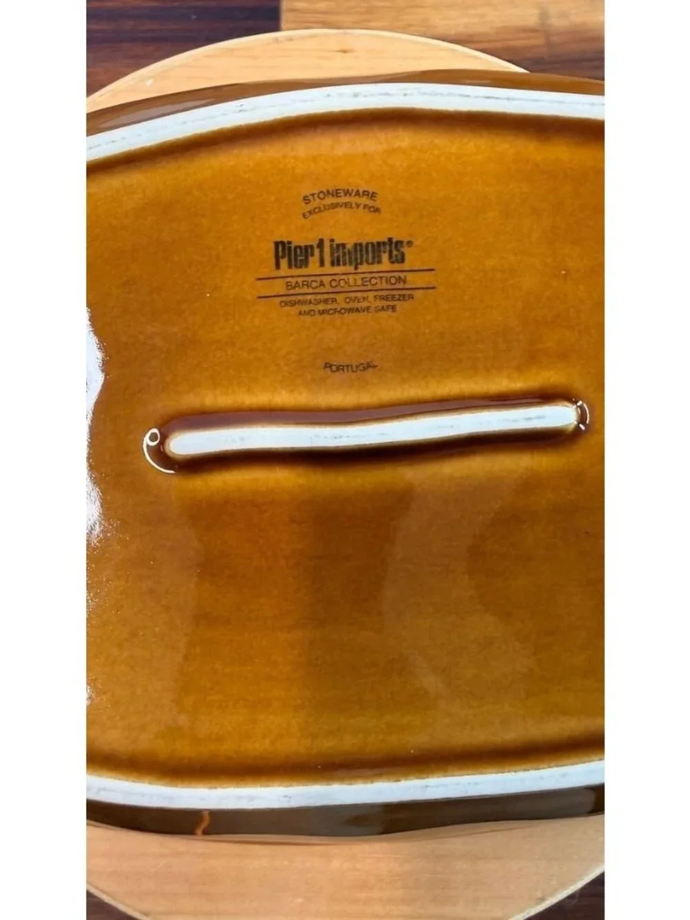 Pier 1 Imports Oval Stoneware Baking Dish Brown Cream Casserole Baker with Handl